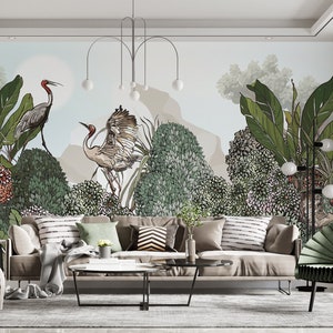 Chinoiserie Wallpaper. Botanical Landscape Wallpaper. Removable Wallpaper. Cranes Wallpaper. Tropical Wallpaper. Asian Patter Mural