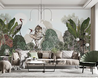 Chinoiserie Crane Wallpaper: Botanical Asian Mural, Removable Wallpaper
