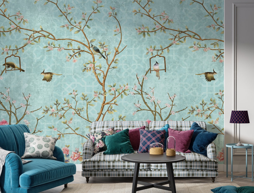 Floral Chinoiserie Wallpaper: Bird and Blossom Tree Wall Mural - Etsy