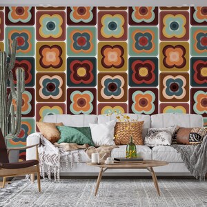 Carta da parati con motivo geometrico retrò. Carta da parati murale con design boho. Carta da parati rimovibile. Carta da parati geometrica. Carta da parati anni '70. Carta da parati in stile hippie.