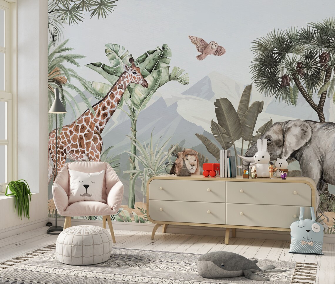 Animal Kingdom Nursery Wallpaper. Watercolor Forest Kids Etsy
