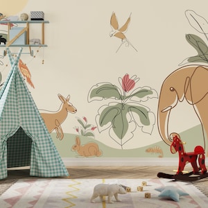 Papel pintado de guardería moderno de mediados de siglo. Mural infantil en línea. Papel pintado de animales de guardería. Papel pintado moderno para niños. Mural moderno de mediados de siglo