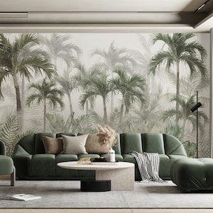 Tropical Forest Wallpaper Stylish Tropical Mural Palm Trees Wallpaper Foggy Forest Wallpaper Removable Wallpaper Tropical Wallpaper