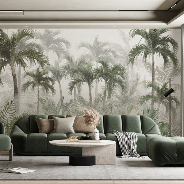 Tropical Forest Wallpaper Stylish Tropical Mural Palm Trees Wallpaper Foggy Forest Wallpaper Removable Wallpaper Tropical Wallpaper