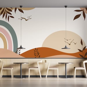 Carta da parati moderna di metà secolo. Carta da parati boho. Carta da parati murale arcobaleno boho. Carta da parati rimovibile. Carta da parati moderna al tramonto. Carta da parati murale boho.