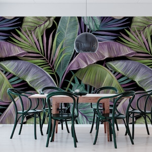 Papel pintado de hojas de plátano. Fondo de pantalla de hojas grandes. Colorido mural tropical. Papel pintado tropical. Mural de Hojas Tropicales. Fondo de pantalla extraíble.