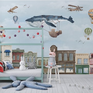 Papel pintado infantil Steampunk en acuarela. Mural infantil místico personalizable. Mural infantil de ballena jorobada y globos aerostáticos. Mural infantil creativo