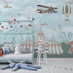 Circus Nursery Wallpaper. Customizable Vintage Circus Removable Kids Room Mural. Animal Wallpaper. Hot Air Balloon Wallpaper. Carnival Mural