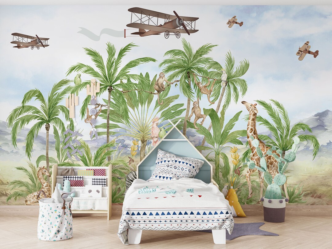 Tropical Nursery Wallpaper. Watercolor Safari Animals Nursery Etsy