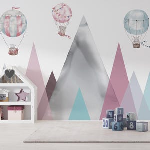 Carta da parati per bambini con acquerello Carta da parati per bambini scandinava Carta da parati con montagne Carta da parati per bambini con mongolfiere Carta da parati facilmente rimovibile