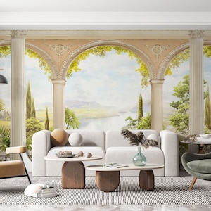 Ancient Greek Garden Wallpaper. Ancient Columns Lake And Forest Landscape Removable Wall Mural