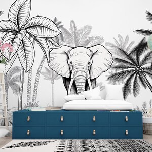 Papel tapiz tropical con elefante en blanco y negro Papel tapiz extraíble fácil Papel tapiz tropical Revestimiento de pared de bosque moderno