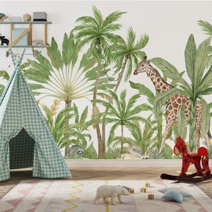 Papel tapiz de animales de safari y bosque con acuarelas para habitación infantil Papel tapiz de jungla Mural infantil de bosque Reino animal Mural extraíble fácil de usar