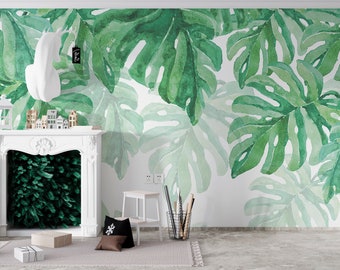 Watercolor Monstera Leaves Wallpaper. Customizable Green Tropical Leaf Mural. Removable Wallpaper