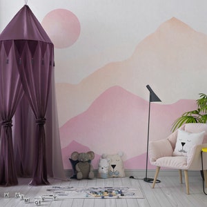 Papel pintado infantil de montañas con efecto acuarela minimalista. Mural infantil escandinavo. Fondo de pantalla fácil de quitar. Fotomural infantil nórdico