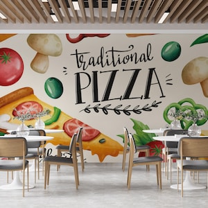 Carta da parati personalizzabile per ristoranti italiani. Ristorante pizzeria acquerello, murale del fast food café. Carta da parati rimovibile. Murale della pizza. Murale della cucina