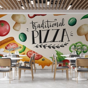 Customizable Italian Restaurant Wallpaper. Watercolor Pizza Restaurant, Fast Food Cafe Mural. Removable Wallpaper. Pizza Mural.Kitchen Mural