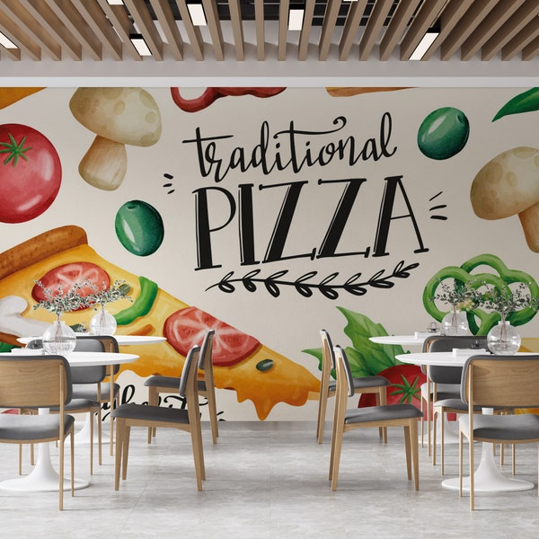 Customizable Italian Restaurant Wallpaper. Watercolor Pizza Restaurant, Fast Food Cafe Mural. Removable Wallpaper. Pizza Mural.Kitchen Mural