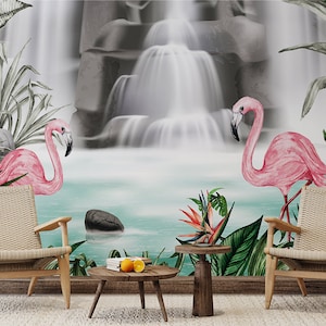 Fondo de pantalla de cascada de acuarela Mural de cascada Fondo de pantalla de flamencos Mural de paisaje Fondo de pantalla extraíble Mural tropical Fondo de pantalla de lago