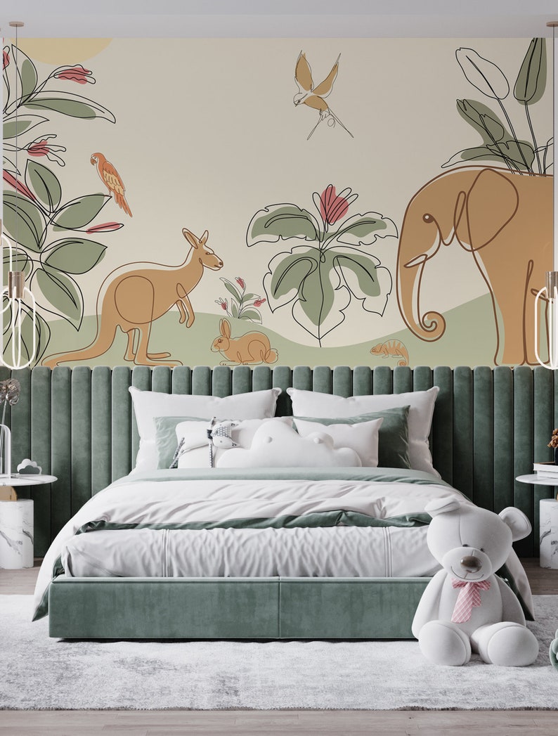 Mid Century Modern Nursery Wallpaper. Oneline Kids Mural. Etsy