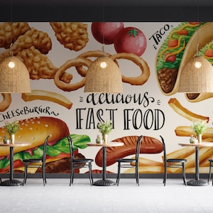 Sfondo di un ristorante fast food. Murale personalizzabile con hamburger in stile acquerello. Carta da parati rimovibile. Carta da parati fast food. Carta da parati Taco.