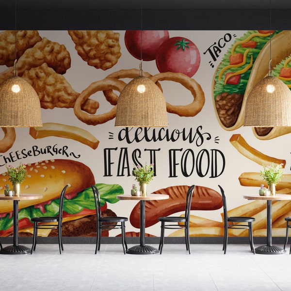 Fast Food Restaurant Wallpaper. Customizable Watercolor Hamburger Cafe Mural. Removable Wallpaper.Fast Food Mural.Taco Wallpaper.