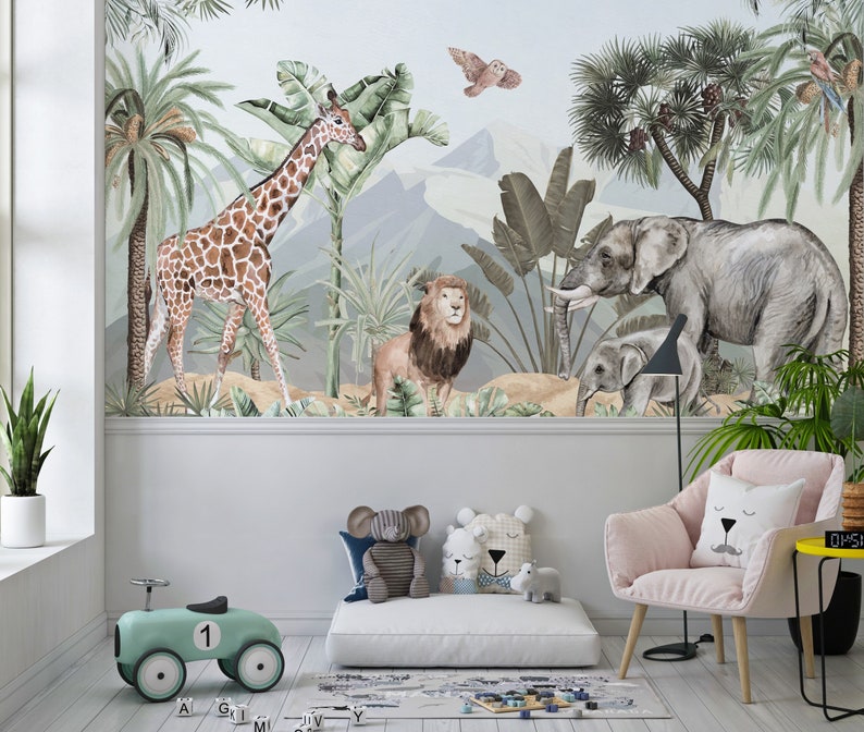 Animal Kingdom Nursery Wallpaper. Watercolor Forest Kids Etsy