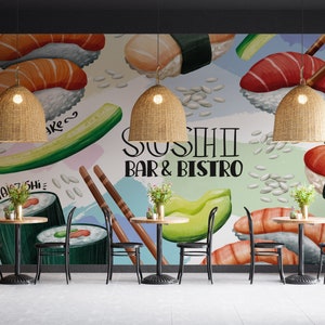 Carta da parati per ristorante di sushi, murale personalizzabile per ristorante, carta da parati rimovibile, carta da parati per sushi, carta da parati per cucina asiatica, murale con cibi asiatici