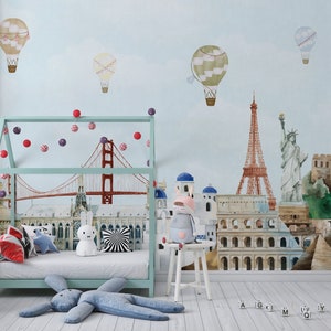 Watercolor Favorite Cities Nursery Wallpaper. Famous Places Kids Mural. Nursery Hot Air Balloons Wallpaper. Children Watercolor Wallpaper