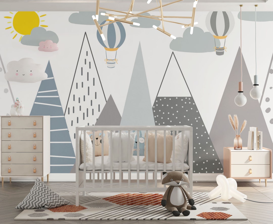 Nordic Nursery Mural: Mountain & Hot Air Balloon Wallpaper (removable ...