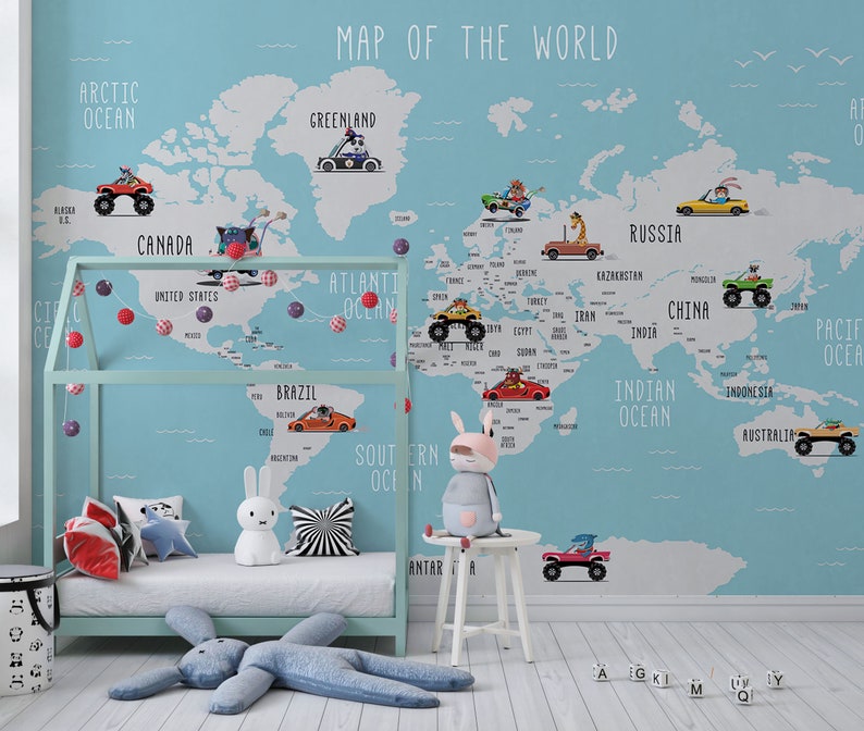 World Map Nursery Wallpaper Customizable World Map Animals Etsy