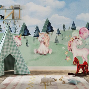 Watercolor Unicorn Wallpaper: Magical Forest Nursery Mural