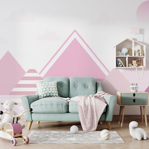 Papel pintado infantil nórdico personalizable. Mural geométrico para niños. Fondo de pantalla abstracto para niños. Fondo de pantalla de niña. Fondo de pantalla fácil de quitar.