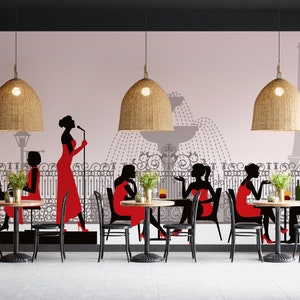 Carta da parati con silhouette di Parigi. Carta da parati personalizzabile per caffetteria. Carta da parati di Parigi. Sfondo di un caffè retrò. Murale della caffetteria. Murale del caffè