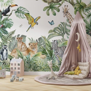 Fondo de pantalla de la selva con acuarela para niños. Mural infantil del bosque. Fondo de pantalla del reino animal para guardería. Fondo de pantalla de la selva para niños. Mural infantil de animales de safari