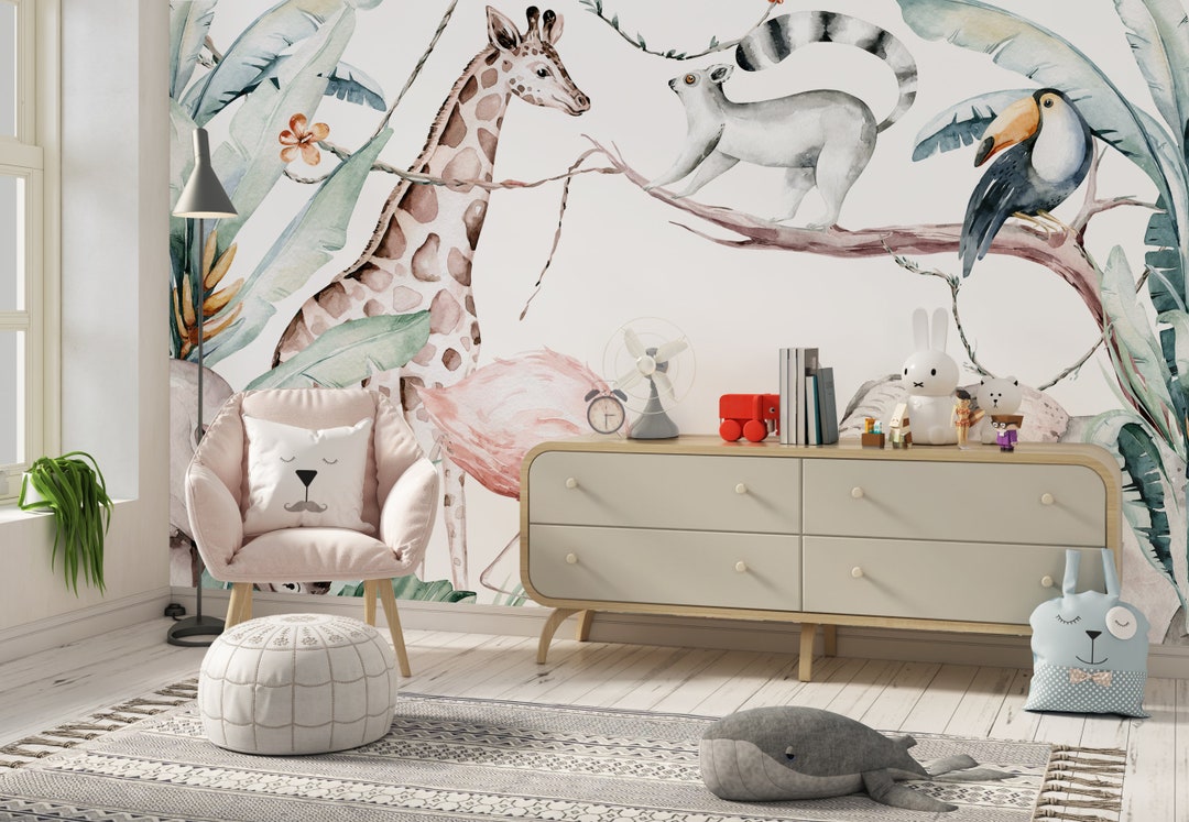 Jungle Nursery Wallpaper. Watercolor Animals Kids Mural. Etsy