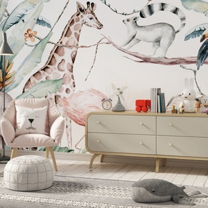 Fondo de pantalla de vivero de la selva. Mural infantil de animales en acuarela. Fondo de pantalla de animales de safari de vivero. Fondo de pantalla de vivero tropical. Fondo de pantalla extraíble
