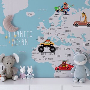 Weltkarte Kinderzimmer Tapete, anpassbare Weltkarte Tiere Road Trip Kinderwandbild. Abnehmbare Tapete. Fahrzeuge Kinder Wandbild. Karte Wandbild