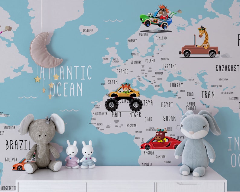 World Map Nursery Wallpaper Customizable World Map Animals Etsy