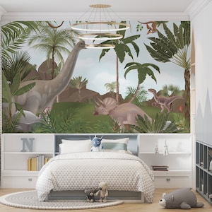 Acuarela dinosaurios niños fondo de pantalla personalizable bosque jurásico niños mural saurópodo pteranodon stegosaurus velociraptor vivero mural