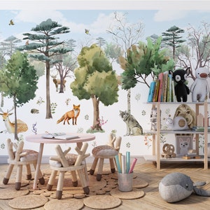 Wald Kinder Tapete. Wald Kinder Wandbild. Kinderzimmer von Animal Kingdom Wallpaper. Tapete für das Dschungel Kinderzimmer. Safari Tiere Kinderzimmer Wandbild