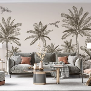 Papel tapiz con diseño de bocetos, mural tropical, papel tapiz con bosque de palmeras, papel tapiz con loros, mural de paisajes, papel tapiz fácil de quitar