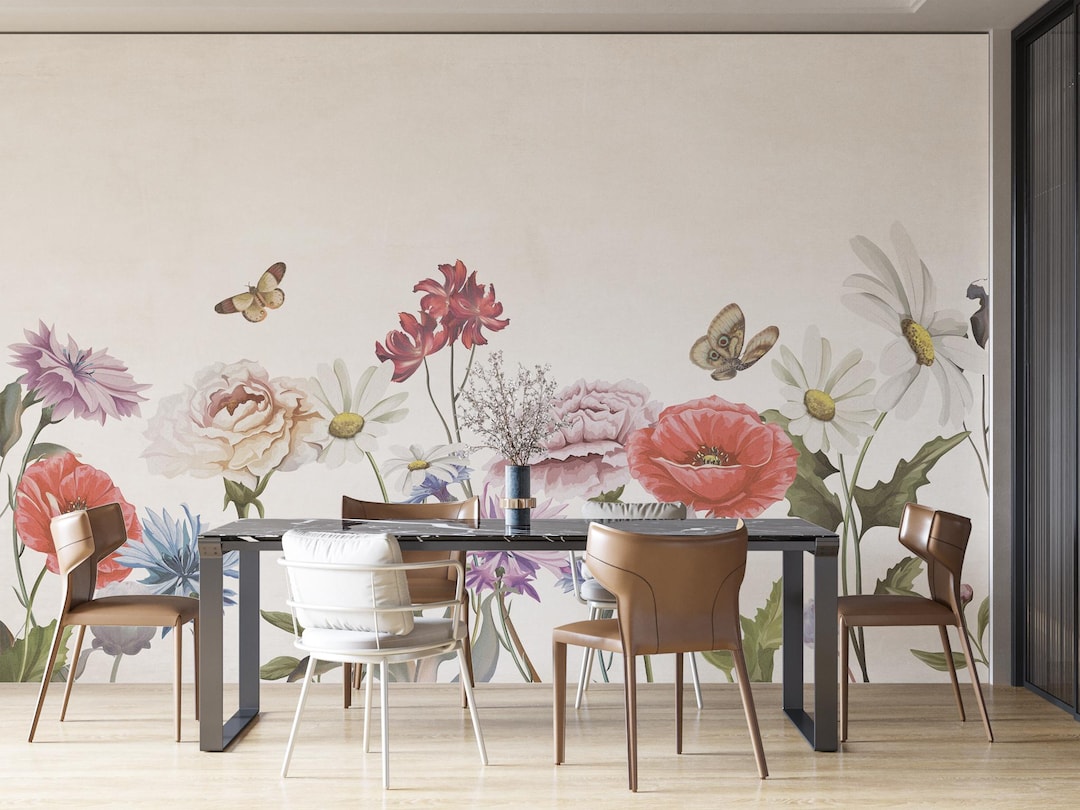 Watercolor Floral Wallpaper Mural: Butterfly Garden View (easy ...