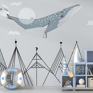 Humpback Whale Kids Wallpaper Mystical Kids Mural Whale Nursery Mural Scandinavian Kids Mural Mountains Wallpaper Toddler Room Wallcovering