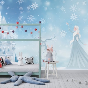 Snow Princess Wallpaper. Snow Queen Kids Mural.Winter Theme Customizable Kids Wallpaper. Ice Princess Nursery Mural.Removable Wallpaper