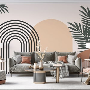 Mid Century Modern Tapete. Retro, Vintage, Boho Design anpassbares Wohnzimmer Wandbild. Abnehmbare Tapete. Moderne Bögen Tapete