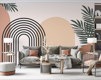 Mid Century Modern Tapete. Retro, Vintage, Boho Design anpassbares Wohnzimmer Wandbild. Abnehmbare Tapete. Moderne Bögen Tapete
