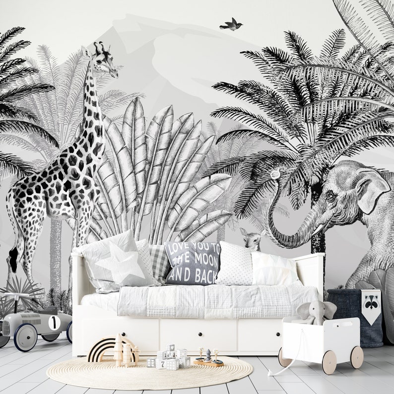 Safari Animals Tropical Nursery Wallpaper Watercolor Forest Etsy