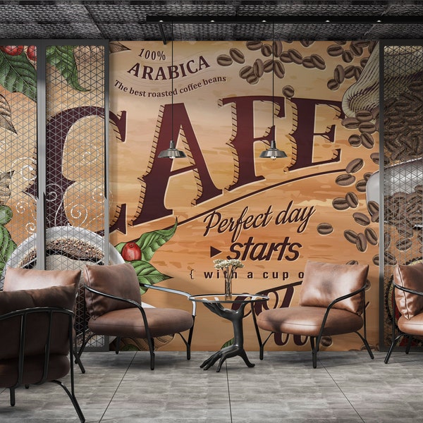 Coffee Shop Wallpaper. Removable Customizable Vintage Design Coffee Pattern Kitchen, Cafe Mural