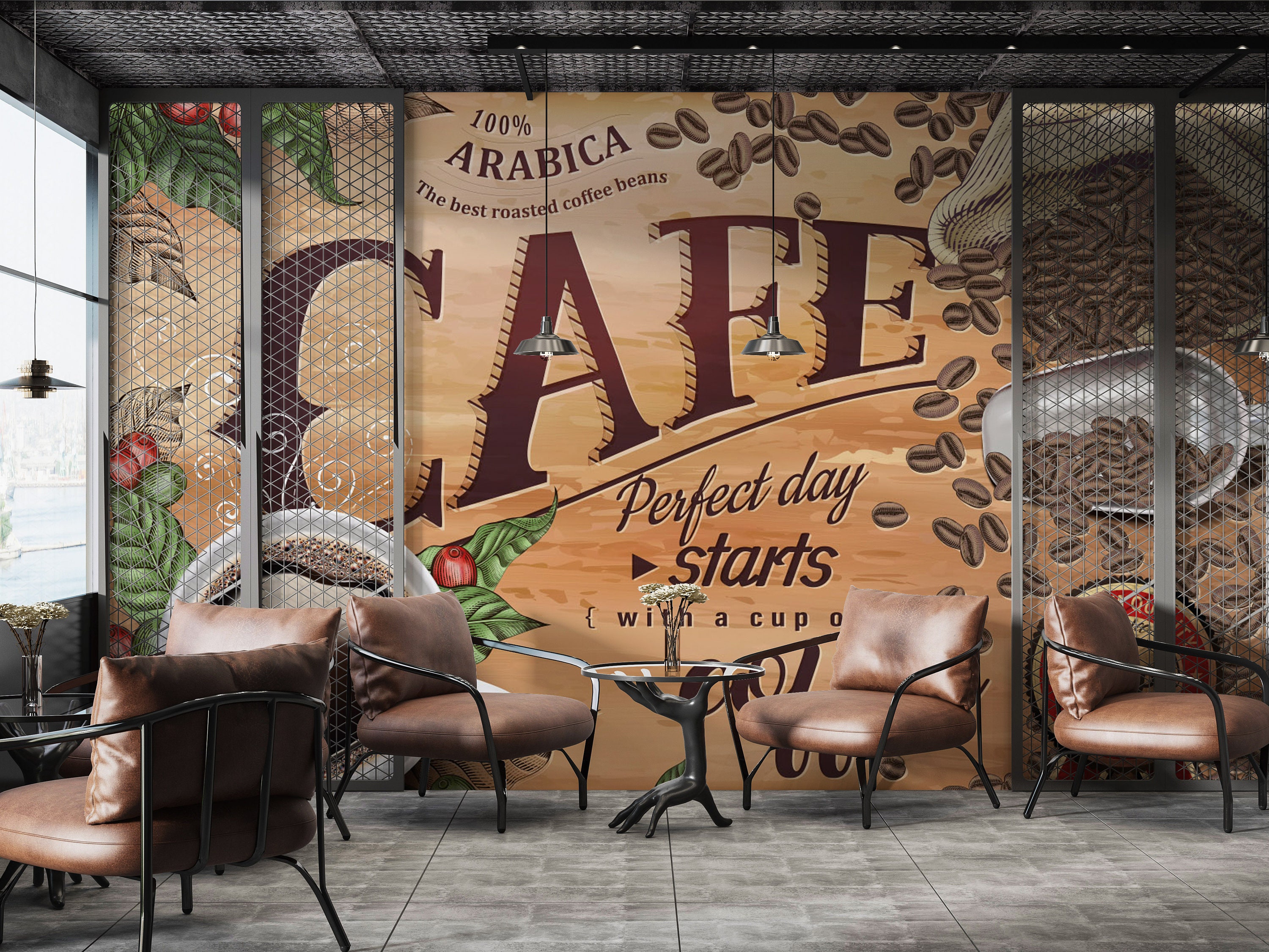 Coffee Shop Wallpaper. Removable Customizable Vintage Design Coffee
